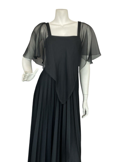 VTG 70S PETERSON MAID OF LONDON BLACK MESH CAPE PLEATED EVENING MAXI DRESS 10