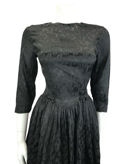 VTG 60S BLACK LEOPARD PRINT BROCADE FITTED DROPPED WAIST BOW PARTY LBD DRESS 6