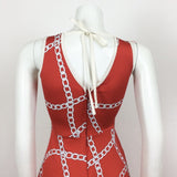 60S 70s VINTAGE RED WHITE CHAIN PATTERN FLOATY DRESS 4 6