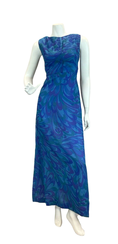 VTG 60S 70S COCKTAIL PARTY PSYCHEDELIC BLUE PURPLE GREEN MAXI DRESS 10 12