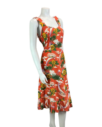 VINTAGE 60s 70s ORANGE YELLOW WHITE GREEN FLORAL PRINT FRILLY MIDI DRESS 12 14