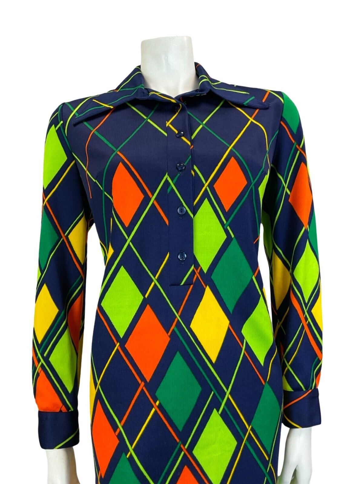 VTG 70S NAVY GREEN ORANGE YELLOW HARLEQUIN LONG SLEEVE SHIRT WING COLLAR DRESS M