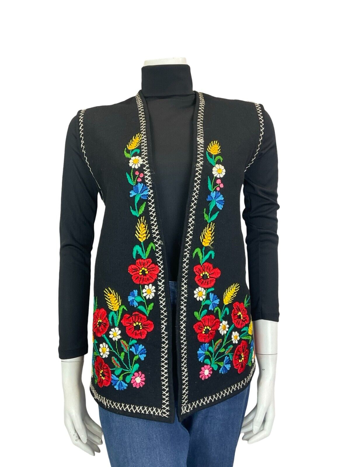 VTG 70S EMBROIDERED FOLK BOHO HARVEST FLORAL WHEAT GILET WAISTCOAT WOOL SIZE 16