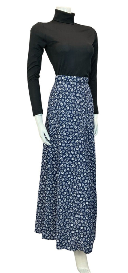 VTG 70S NAVY BLUE WHITE DAINTY FLORAL PATTERNED MAXI SKIRT SIZE 6