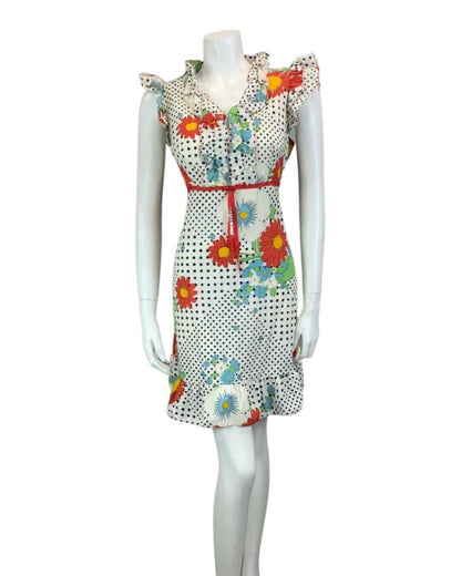 VINTAGE 60s 70s WHITE NAVY BLUE POLKA DOT RED BLUE FLORAL PRINT FLORAL  DRESS 12