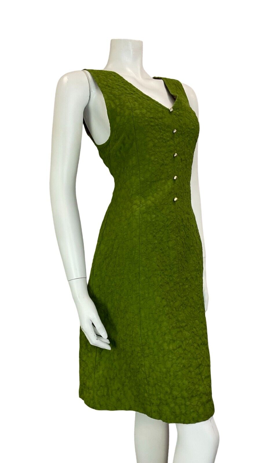 VTG 60S 70S GREEN GOLD BUTTON SLEEVELESS V NECK TEXTURED MIDI DRESS SIZE 6 8