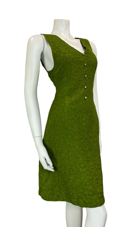 VTG 60S 70S GREEN GOLD BUTTON SLEEVELESS V NECK TEXTURED MIDI DRESS SIZE 6 8