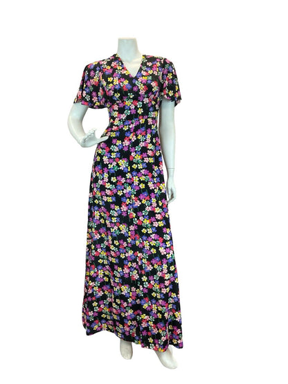 VTG 70S BUTTERFLY SLEEVE FLORAL MAXI DRESS BLACK PINK PURPLE GREEN YELLOW 8