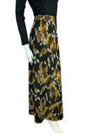 VTG 70S BLACK SILVER YELLOW FOLIAGE BOHO HIPPY FLORAL GLITTERY MAXI SKIRT 10