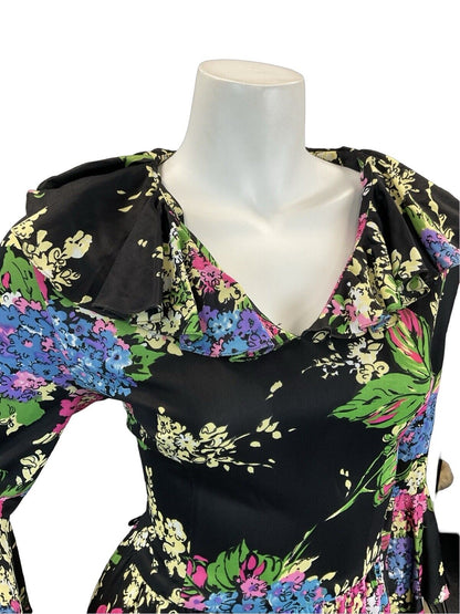 VTG 70S HYDRANGEA FLORAL BLACK PINK BLUE MAXI DRESS 8 10