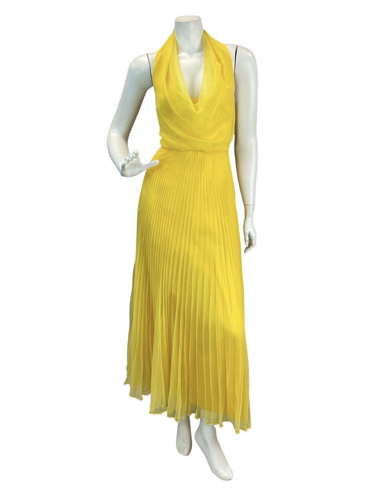 VTG 70s SUNSHINE YELLOW HALTERNECK LOW BACK PLEATED DISCO MIDAXI DRESS 8