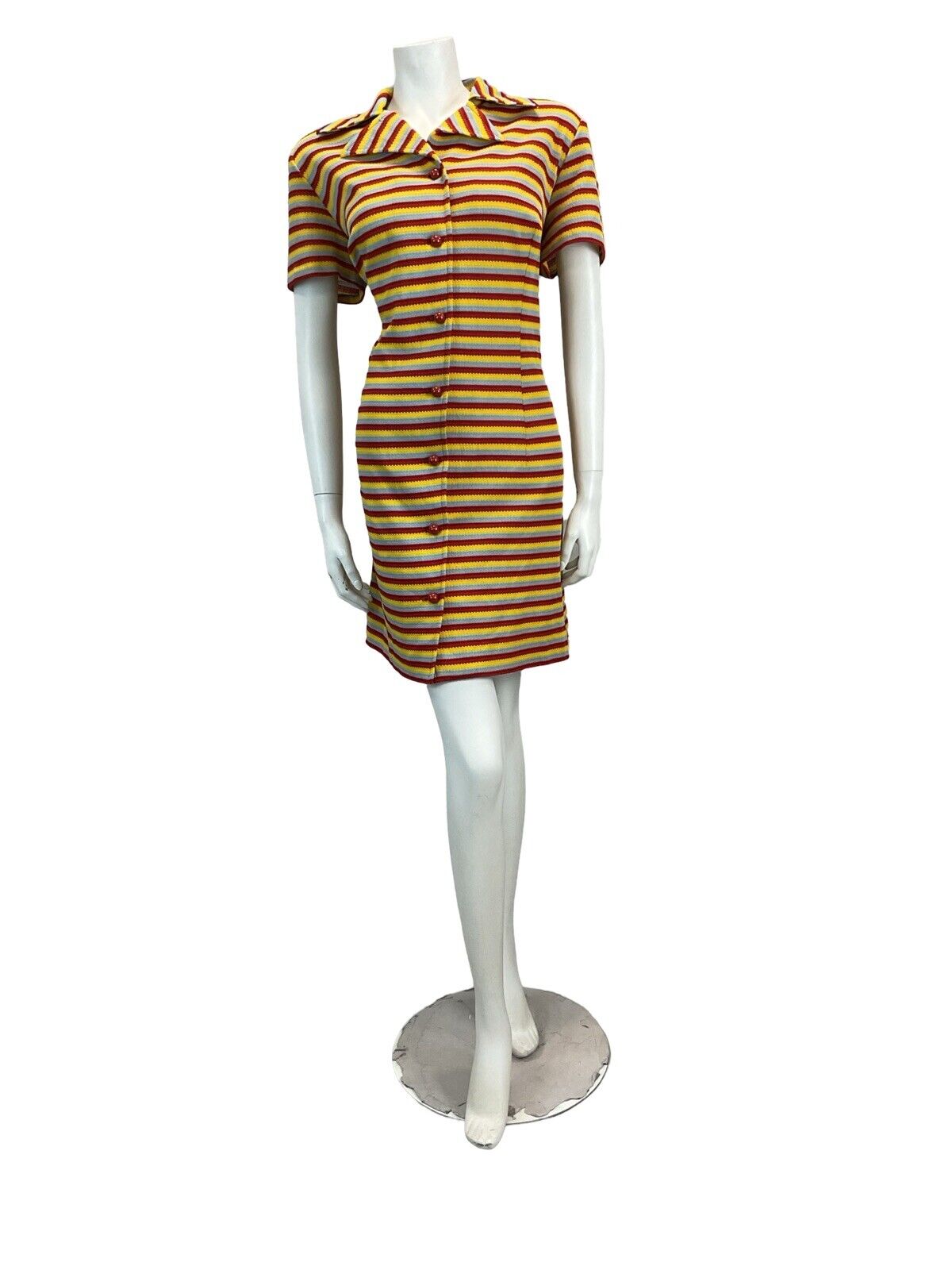 VTG 70S RED YELLOW BLUE STRIPED SHIRT DRESS SCOOTER MOD SHIRT DRESS 14 16 18