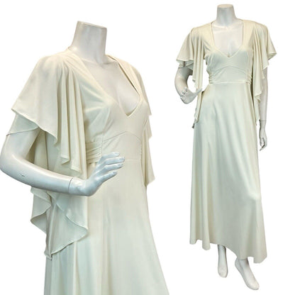 VTG 70s CREAM PLUNGE BELL SLEEVE BOHO BRIDAL WEDDING MAXI DRESS 8 10 12