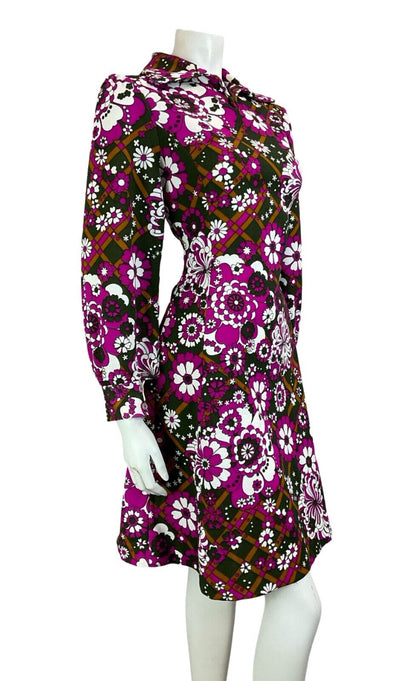 VTG 70S OPEN COLLAR BISHOP SLEEVE FLOWER POWER PINK PURPLE BROWN MIDI DRESS 10