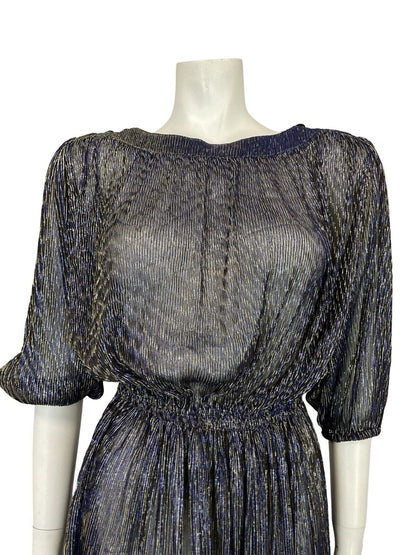 VTG 70S STUDIO 54 DISCO STRIPED NAVY BLUE GOLD LUREX MESH MIDI DRESS 12 10 14