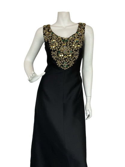 VTG 60S BLACK GOLD PEARL SEQUIN BEADED EMBELLISHED MAXI PARTY DRESS 10