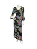 VTG 70S HYDRANGEA FLORAL BLACK PINK BLUE MAXI DRESS 8 10