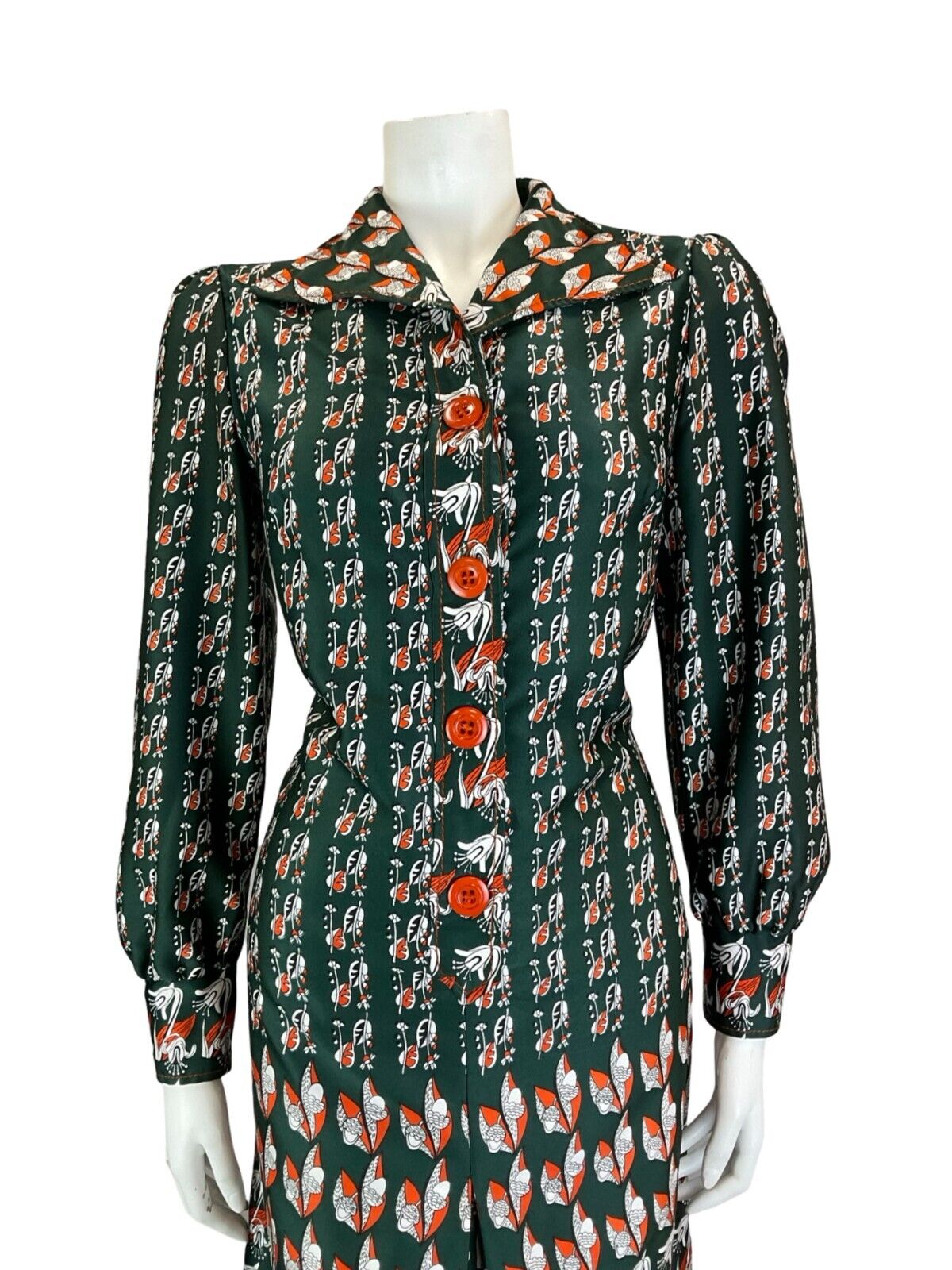 VTG 70S ART NOUVEAU ACORN GREEN ORANGE WHITE FLORAL SHIRT DRESS SIZE 12 14