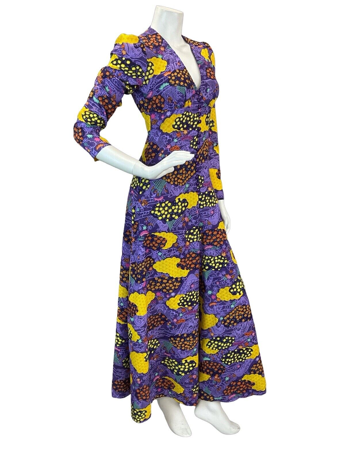 VTG 70S PSYCHEDELIC PURPLE YELLOW BLACK HIPPY GLAM FESTIVAL MAXI DRESS 8 10