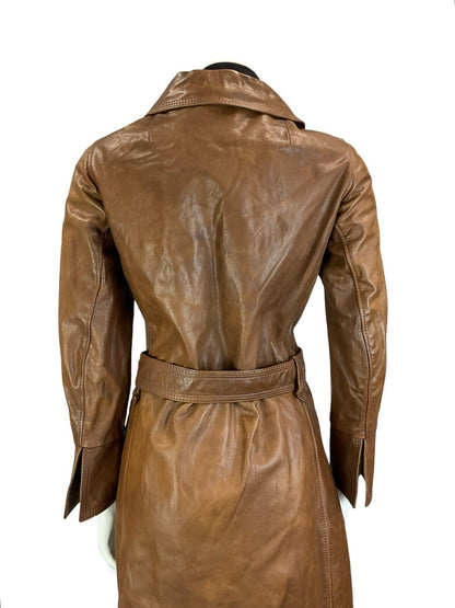 VTG 60S MILITARY TRENCH STYLE BELTED BROWN LEATHER JACKET SIZE 10