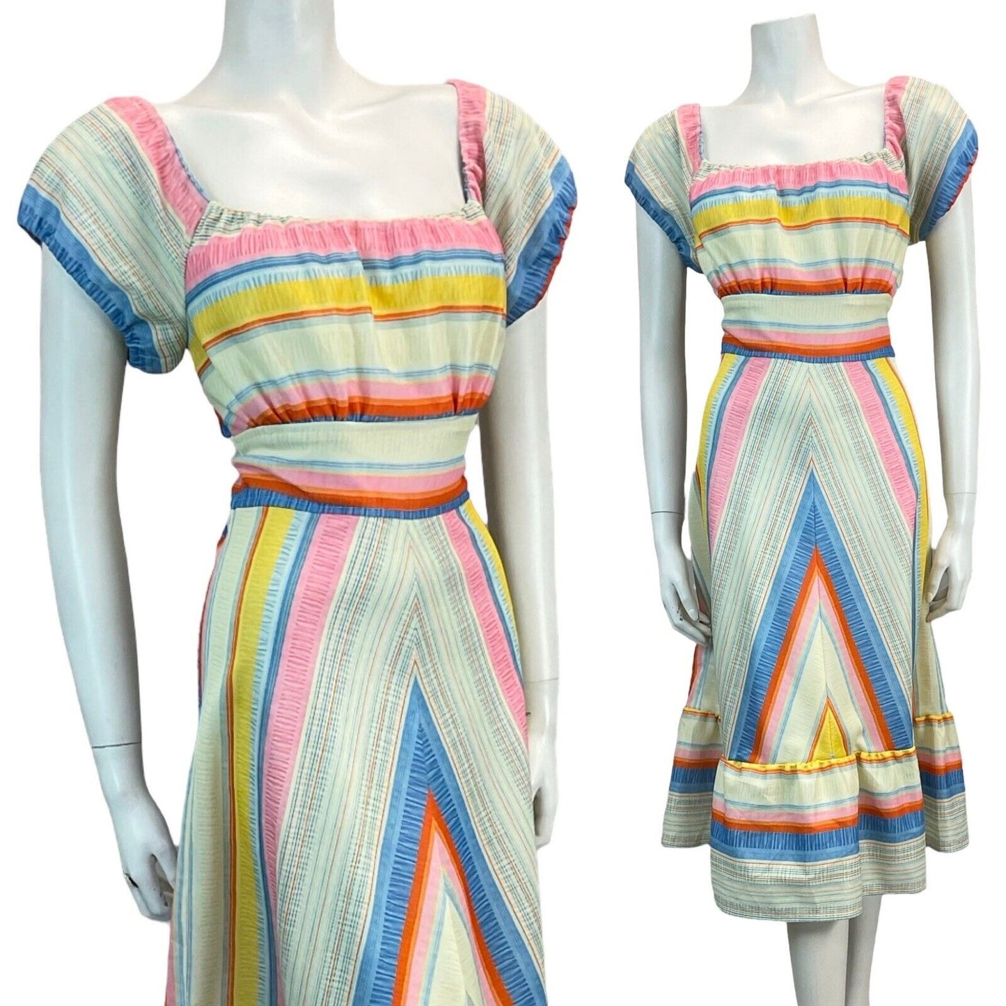 VTG 70S FIESTA SUMMER SUN CHEVRON STRIPED MIDI DRESS 6 8