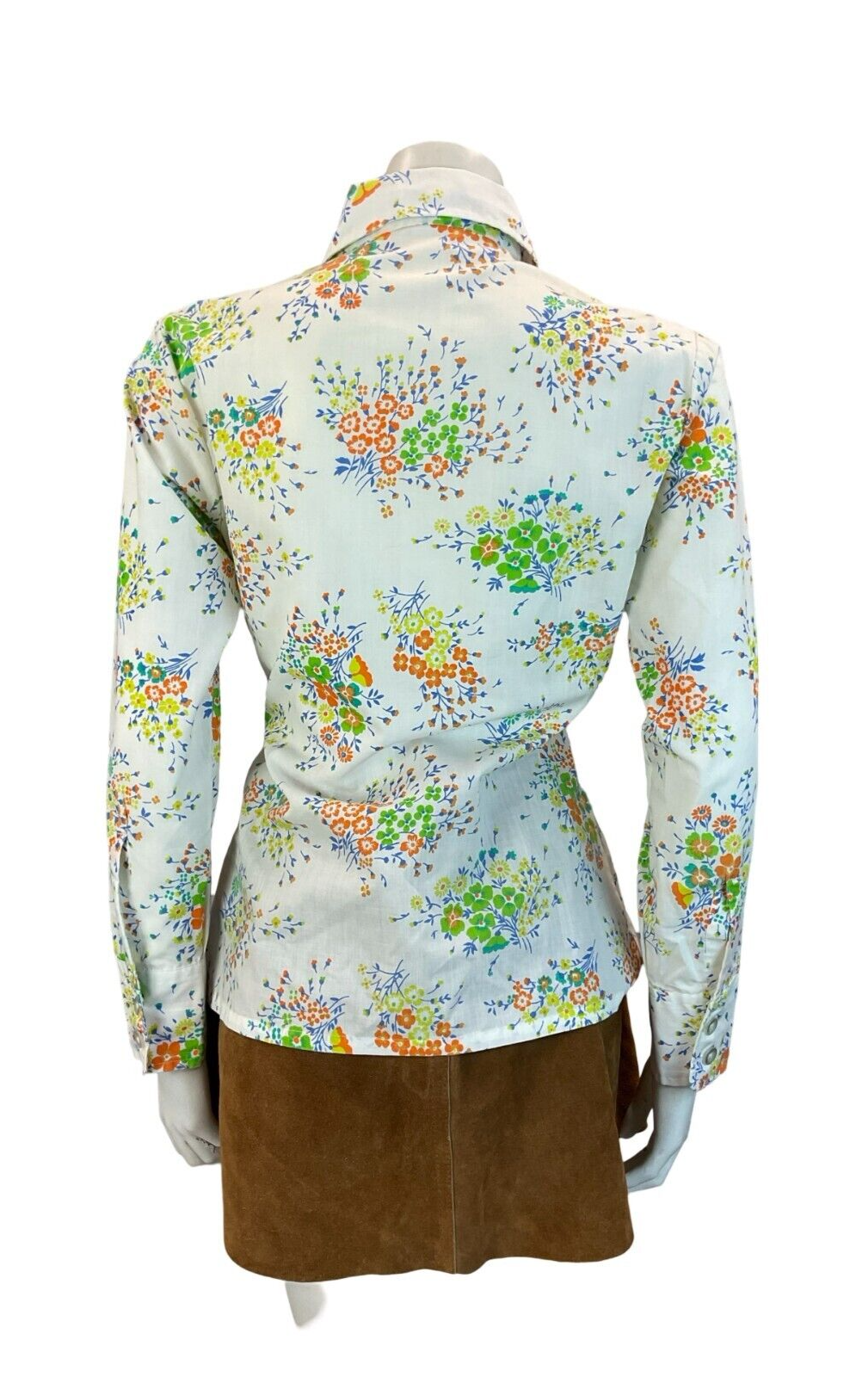 VTG 70S DAGGER COLLAR PSYCHDELIC WHITE ORANGE BLUE GREEN FLORAL SHIRT SIZE 12