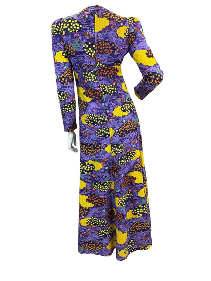 VTG 70S PSYCHEDELIC PURPLE YELLOW BLACK HIPPY GLAM FESTIVAL MAXI DRESS 8 10