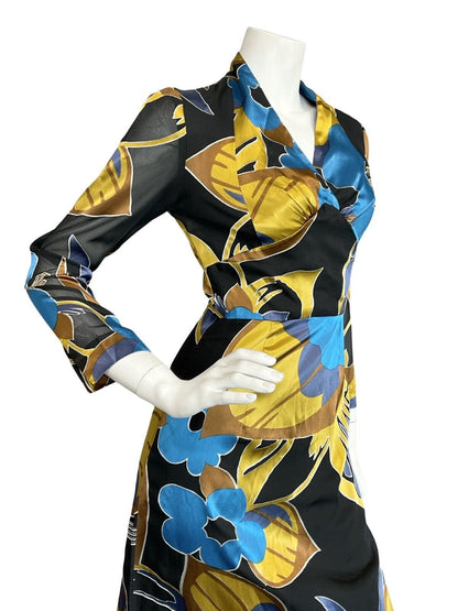 VTG 70S BLACK BLUE YELLOW FLORAL PLUNGING 3/4 SLEEVE EVENNG PARTY MAXI DRESS 4