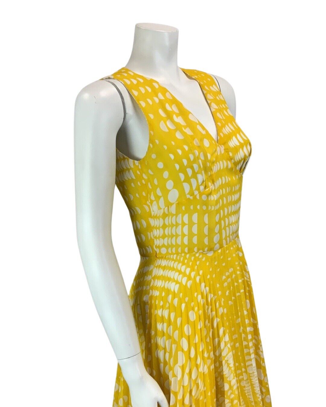 VINTAGE 60s 70s YELLOW WHITE POLKA DOT FLOATY PLEATED MIDI DRESS 10