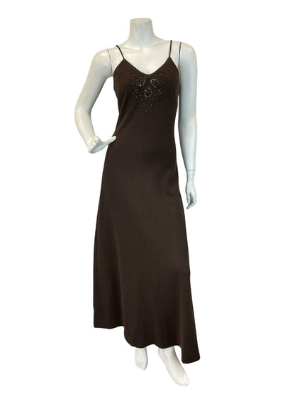 VTG 70S BEADED SEQUIN CHOCOLATE BROWN DISCO FORMAL PROM PARTY MAXI DRESS 6 8