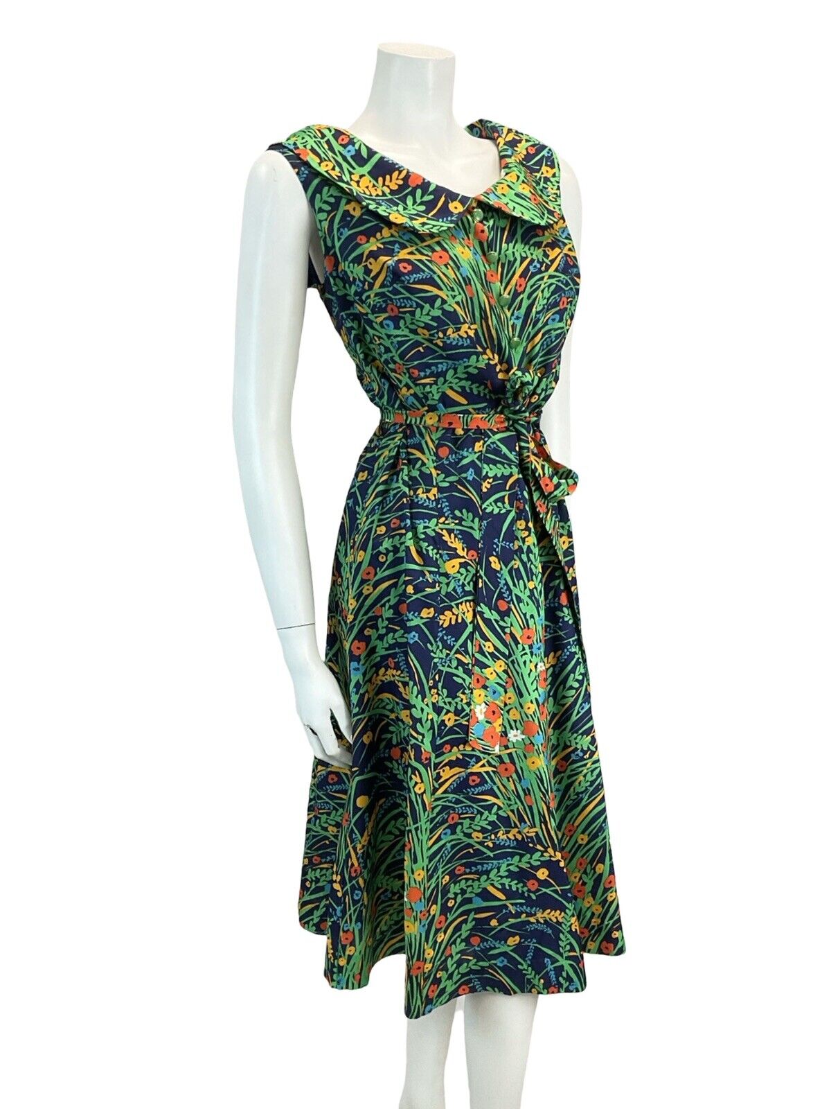 VTG 70S PETER PAN COLLAR FLORAL MIDI DRESS BLUE YELLOW ORANGE GREEN 16 18