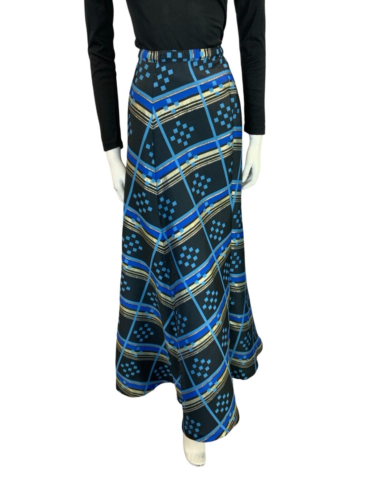 VTG 60S 70S BLACK BLUE GOLD GEOMETRIC CHECKED STRIPE A LINE MAXI SKIRT 6