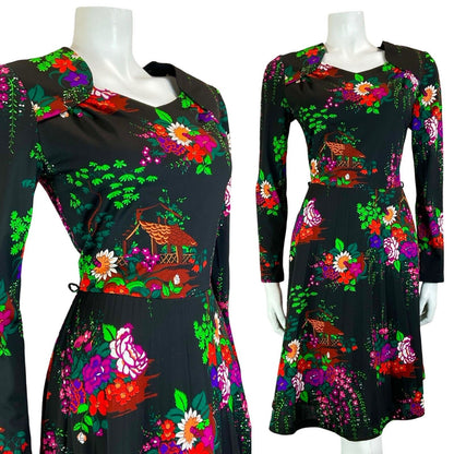 VTG 70S BETTY BARCLAY FLORAL COTTAGE BLACK PINK GREEN SWEETHEART MIDI DRESS S