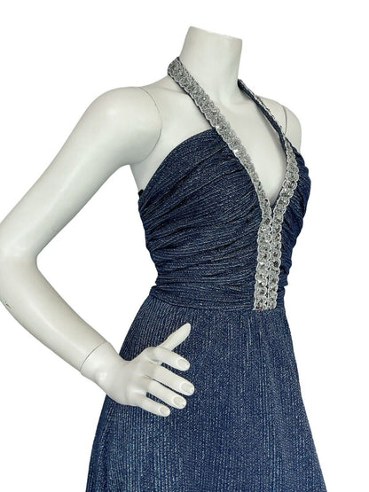 VTG 70S STUDIO 54  BLUE SILVER SEQUIN TRIM STRIPED HALTER NECK MAXI DRESS 8 10 S