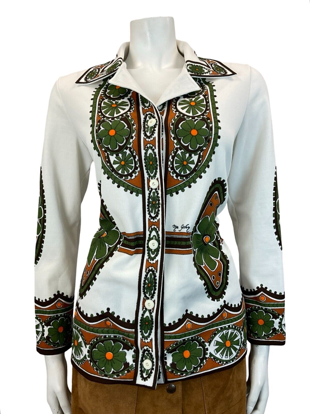 VTG WHITE GREEN BROWN BOHO FOLK FLORAL AZTEC JOHHNY COLLAR SHIRT SIZE 12