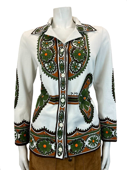 VTG WHITE GREEN BROWN BOHO FOLK FLORAL AZTEC JOHHNY COLLAR SHIRT SIZE 12