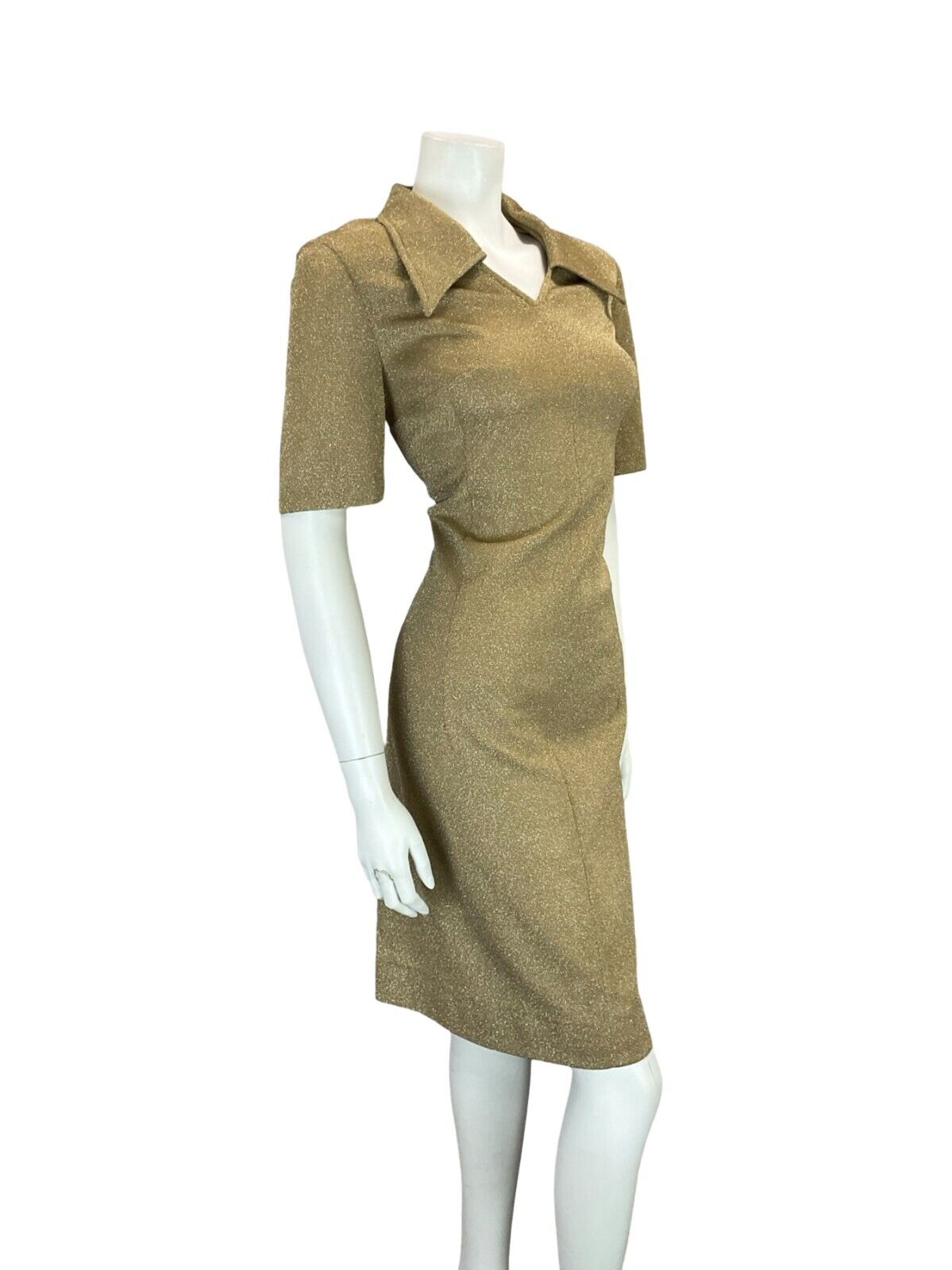 VTG 70S OPEN WING COLLAR GOLD LUREX PARTY SHORT SLEEVED SHIRT DRESS SIZE 12 14