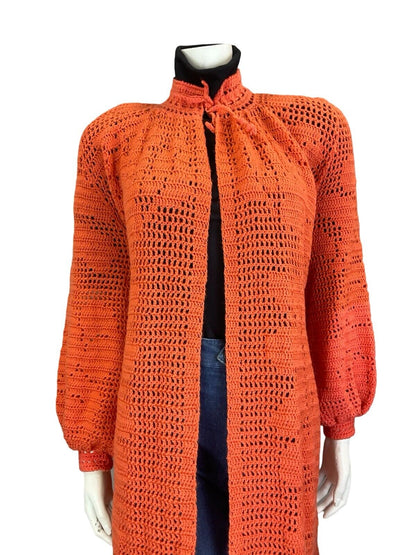 VTG 70S ORANGE HAND KNITTED FLORAL BOHO CARDIGAN TIE NECK BISHOP SLEEVE 10 12 14