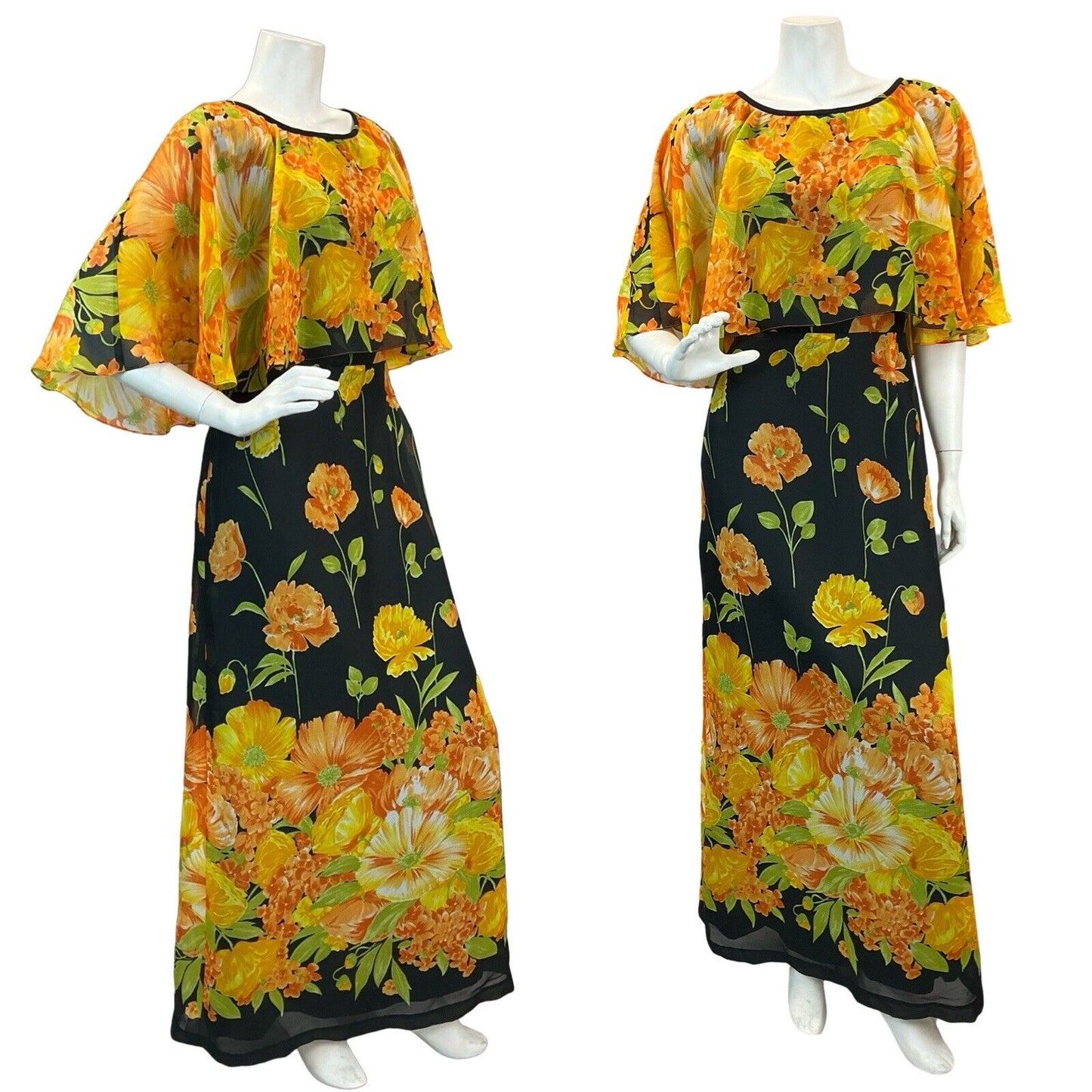 VTG 60s 70s CAPE SLEEVE ORANGE YELLOW GREEN BLACK FLORAL MAXI DRESS 10 12