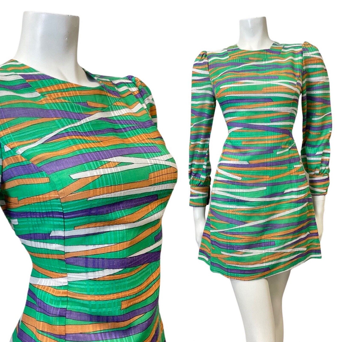 VINTAGE 60s 90s GREEN PURPLE ORANGE STRIPED LONGSLEEVE MOD MINI DRESS 8 10