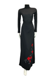 VTG 70S RED VELVET SILVER EMBROIDERY FLORAL APPLIQUE BLACK MAXI SKIRT SIZE 8