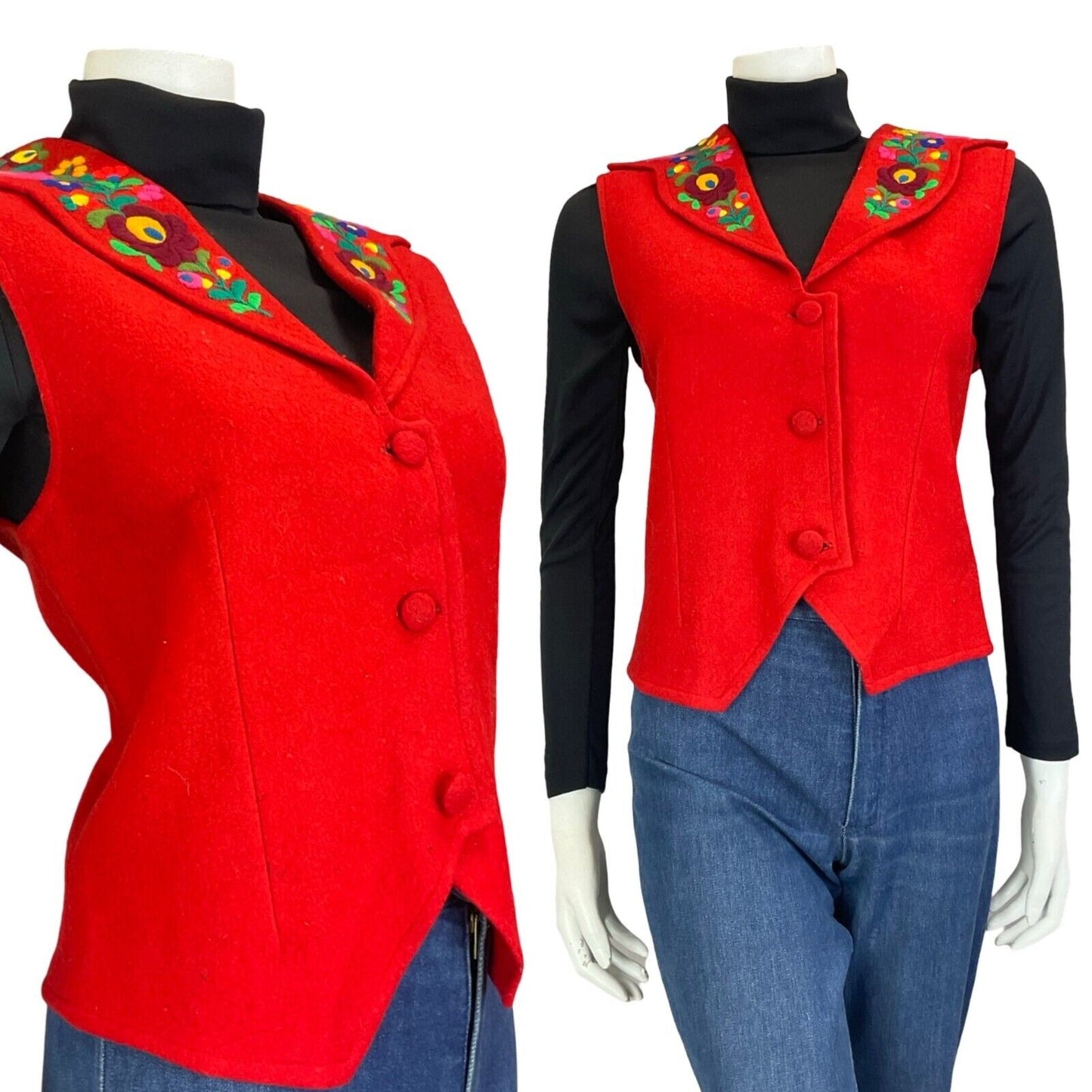 VTG 60S 70S RED GREEN EMBROIDERED FLORAL LAPEL WOOL FELT GILET WAISTCOAT SIZE 12