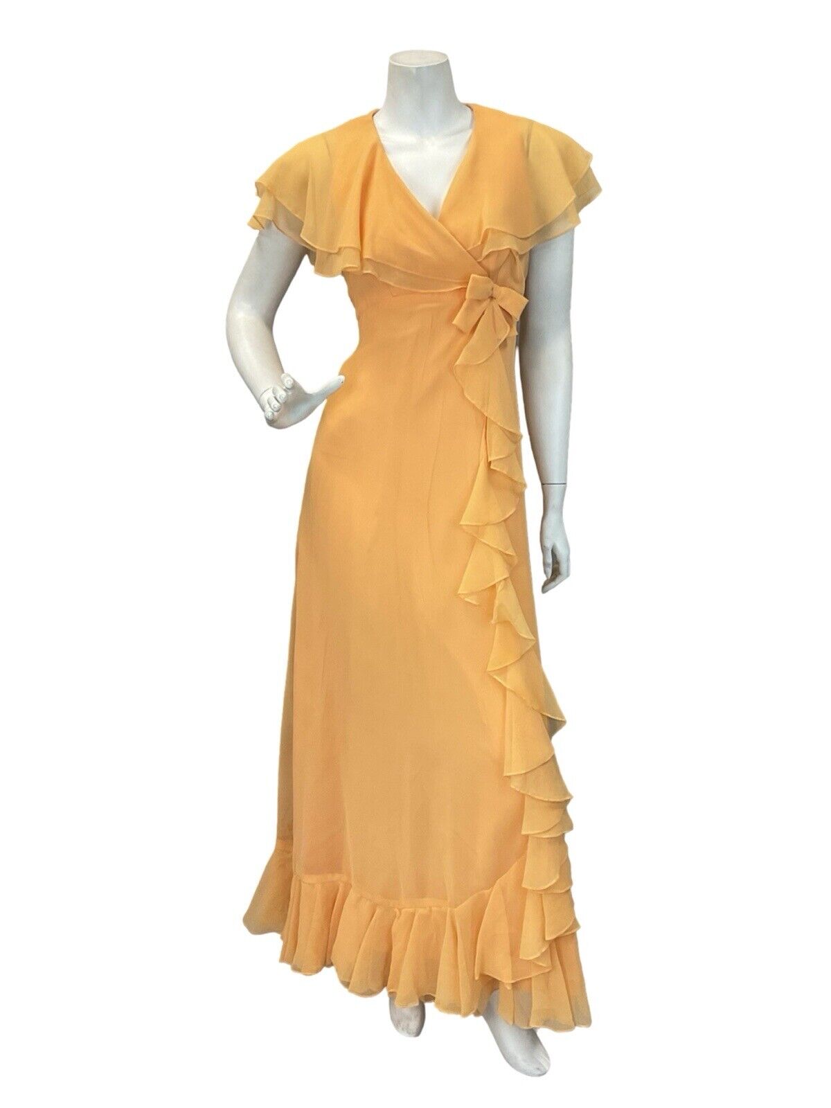 VTG 70S APRICOT CHIFFON ORANGE RUFFLE PROM PARTY CAPE MAXI DRESS 6 8