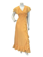 VTG 70S APRICOT CHIFFON ORANGE RUFFLE PROM PARTY CAPE MAXI DRESS 6 8