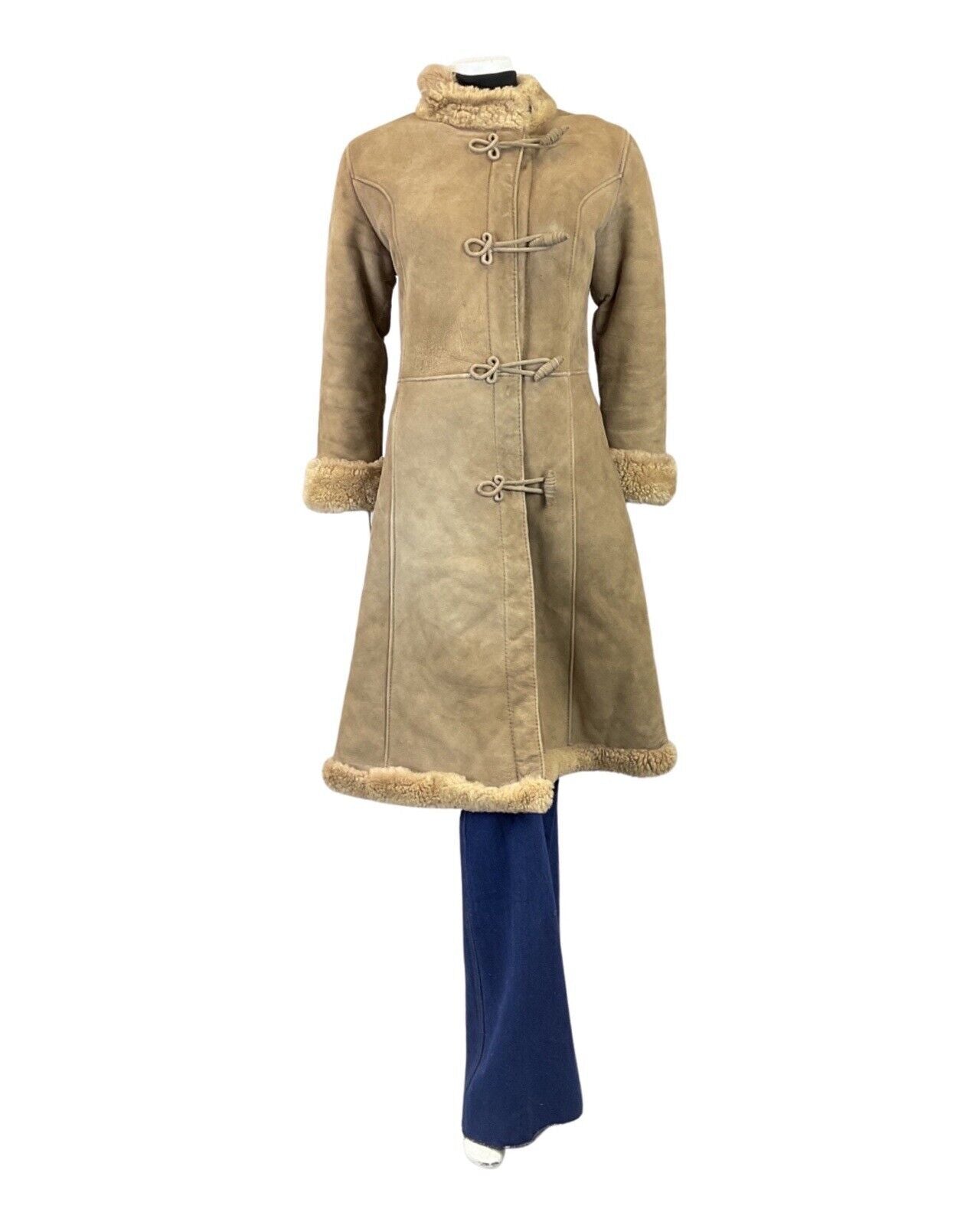 VINTAGE 60s 70s SAND BROWN SUEDE LEATHER TOGGLE BOHO LONG SHEARLING COAT 10 12