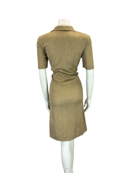 VTG 70S OPEN WING COLLAR GOLD LUREX PARTY SHORT SLEEVED SHIRT DRESS SIZE 12 14