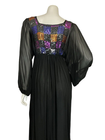 VTG 70S DISCO MESH BLACK PURPLE ORANGE SEQUIN BATWING FLOATY PARTY DRESS 6 8