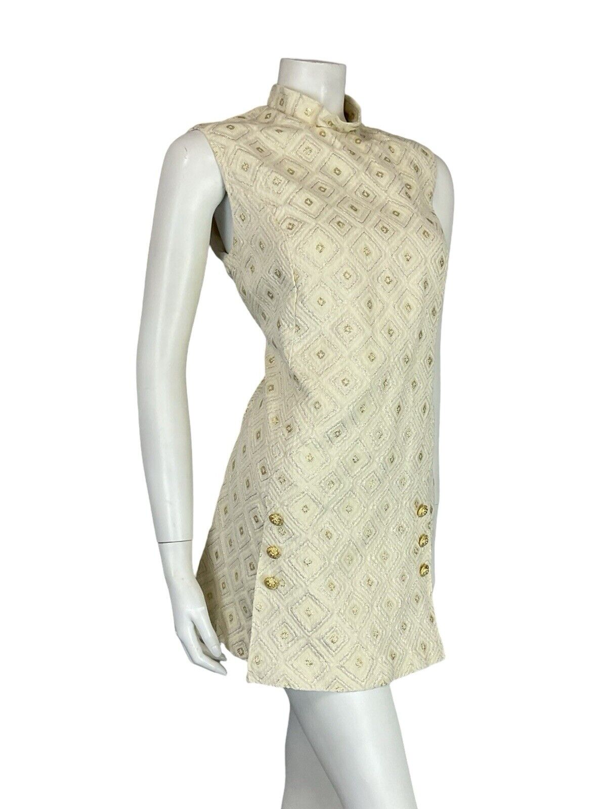 VTG 60S MOD GOLD CREAM FUNNEL NECK DIAMOND GEOMETRIC TUNIC PARTY DRESS M 12 14