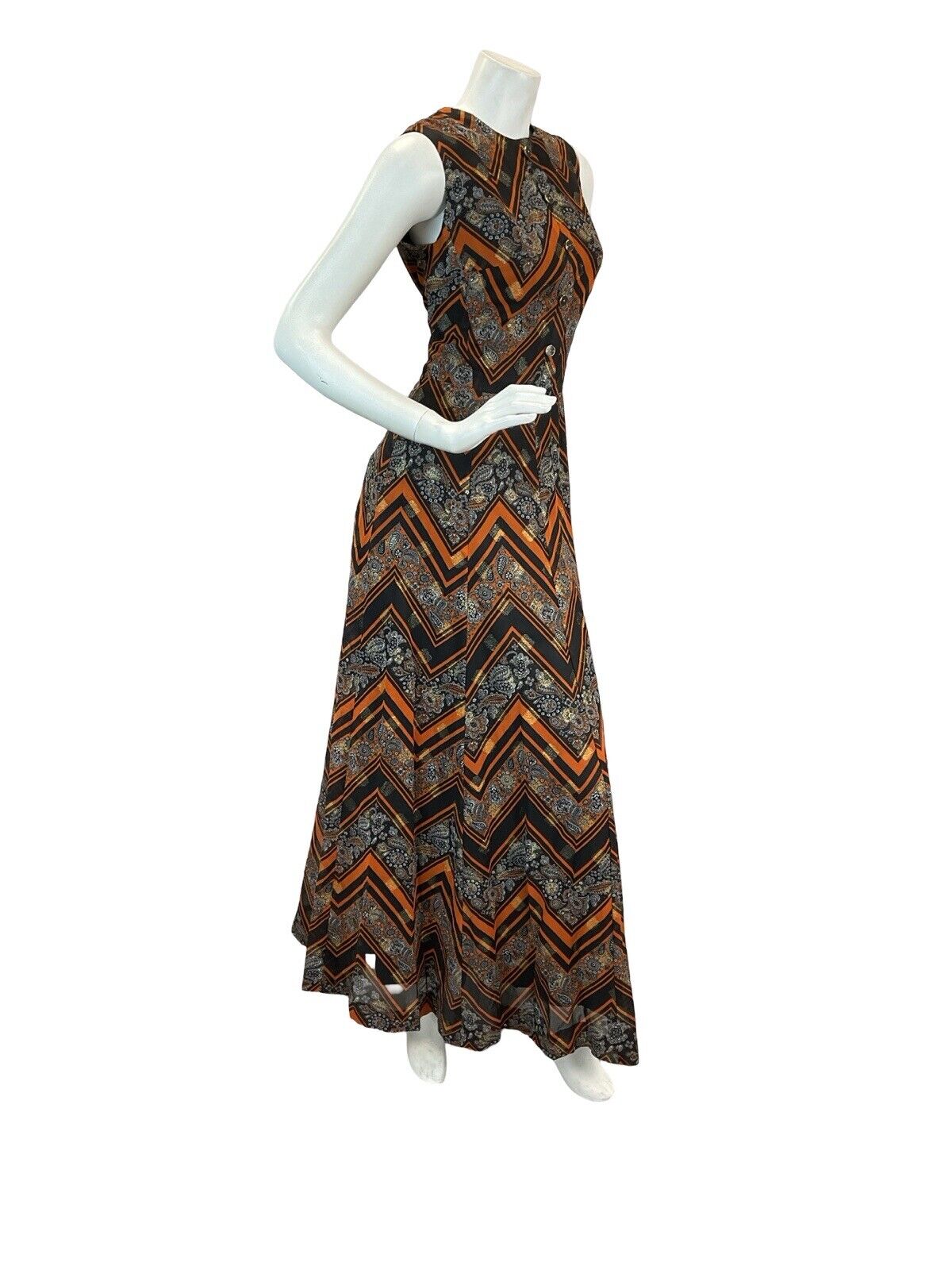 VTG 60S 70S ORANGE BLACK PAISLEY CHEVRON STRIPED FORMAL MAXI DRESS 12