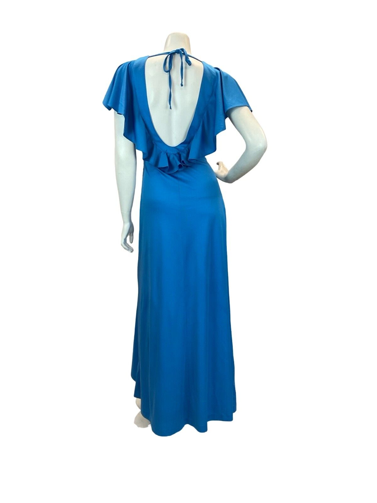 VTG 70S GLAM BLUE FLUTTER SLEEVE BACKLESS RUFFLE MAXI DRESS 10